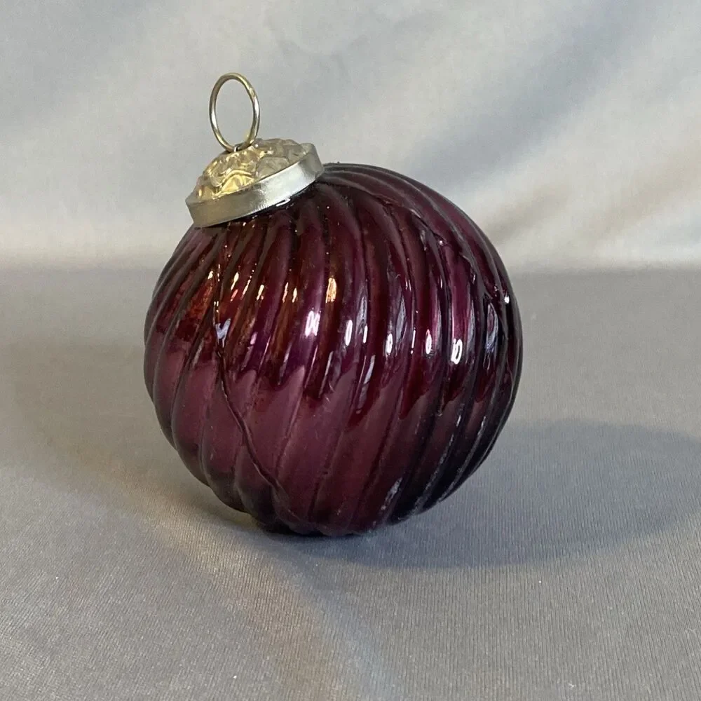 Kugel Inspired Blown Glass Ball Ornament Purple Ribbed Swirl Christmas Decor